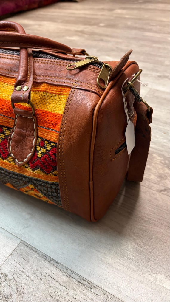 Moroccan Travel bag leather duffel bag large leather Weekender lovely killim carpet bag View 5