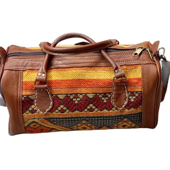 Moroccan Travel bag leather duffel bag large leather Weekender lovely killim carpet bag