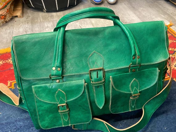 Large Green Moroccan Leather Travel Bag – Handmade Fes Shoulder Bag