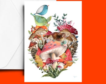 Woodland Card, Wildlife Card, Mushroom Card, Toadstools Card, Birds Card, Art Card, Instant Download, Printable Cards, A5 Greetings Card,