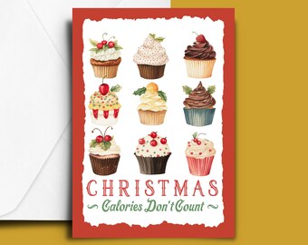 Christmas Card, Instant Download, Printable Cards, A5 Greetings Card, Calories Don't Count, Funny Xmas Card, Retro Christmas Card,