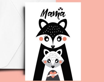 Mother's Day Card, Instant Download, Printable Cards, A5 Greetings Card, Scandi Fox, Baby Shower Card, Digital Card, Thank You Mama Card,