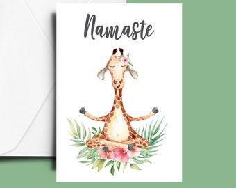 Namaste Card, Instant Download, Yoga, Watercolour, Giraffe, Printable Cards, A5 Greetings Card, Digital, For Him, For Her, Unisex, Cute,Love