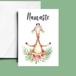 Carte Namaste, téléchargement immédiat, yoga, aquarelle, girafe, cartes imprimables, carte de voeux A5, numérique, pour lui, pour elle, unisexe, mignon, amour