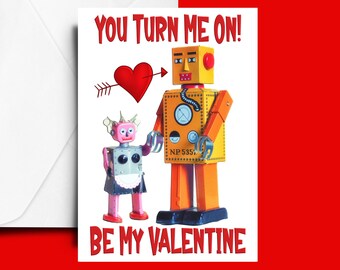 Valentine's Day Card, Instant Download, You Turn Me On Card, Tin Toy Robots, Printable Cards, A5 Greetings Card, Digital, Funny Valentine,