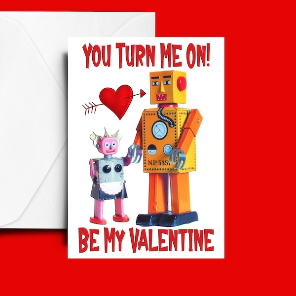 Valentine's Day Card, Instant Download, You Turn Me On Card, Tin Toy Robots, Printable Cards, A5 Greetings Card, Digital, Funny Valentine,
