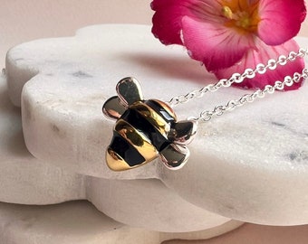 Sterling Silver Bumble Bee Pendant Necklace: Gold Plated 3D Charm