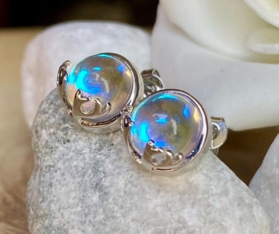 Orecchini a bottone in argento sterling con pietra di luna: argento 925 minimalista - Italia