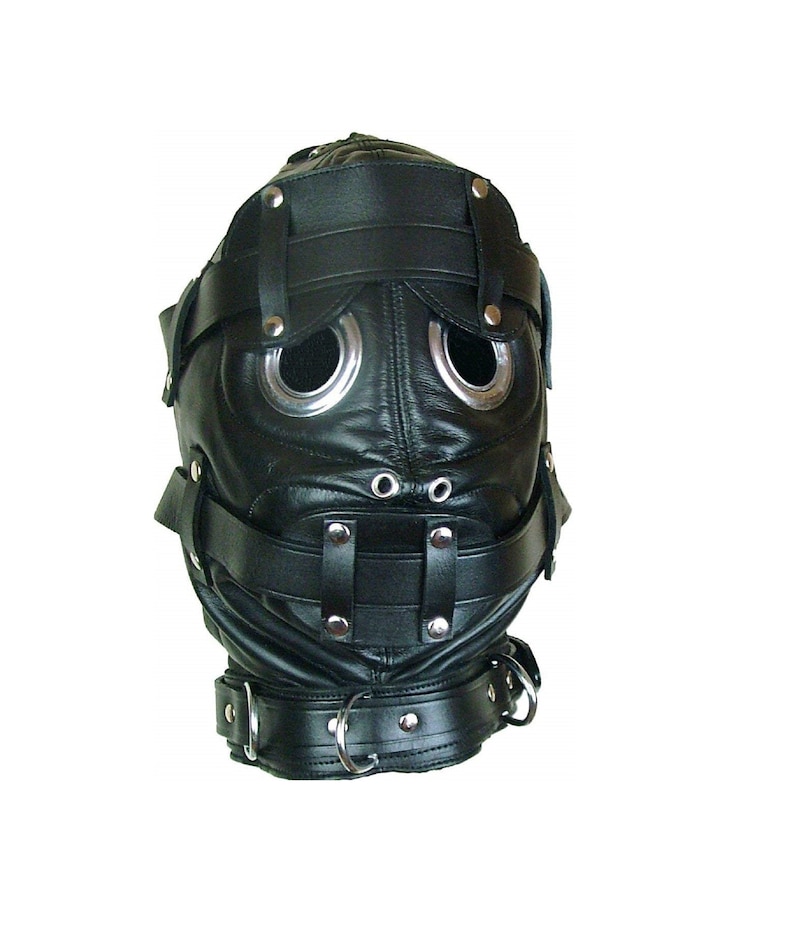 Genuine Black Cow Leather Bondage Hood Mask with Mouth Gag And Blindfold 