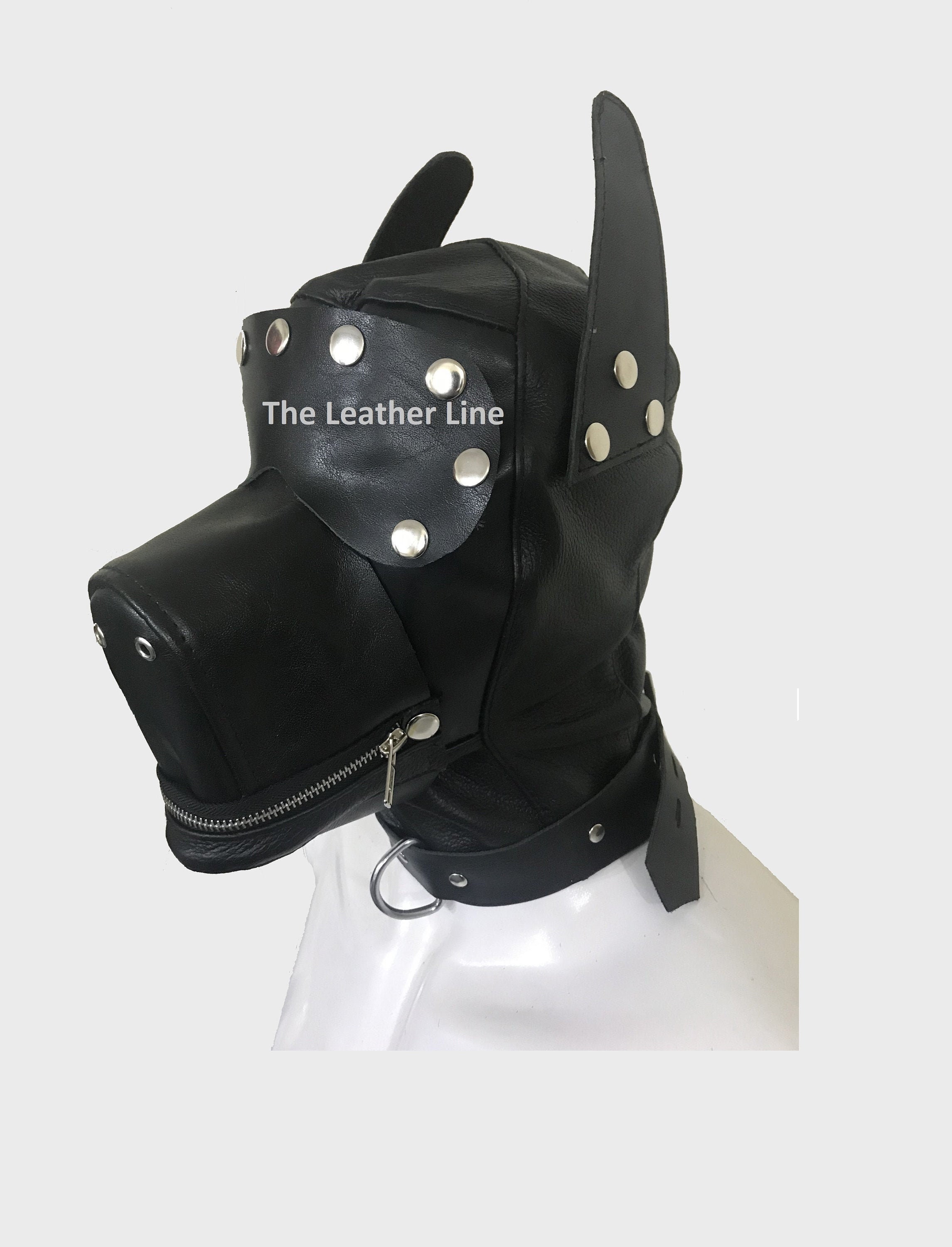 Cow Hide Leather Bondage Dog Mask Hood with Mouth Gag & Blindfold Restraint 