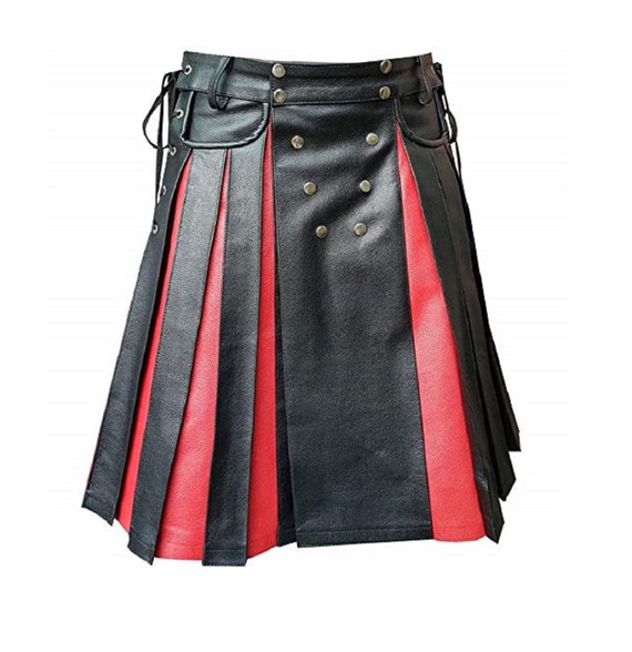 Halloween Mens Real Black Leather Gladiator Pleated Utility Kilt LARP