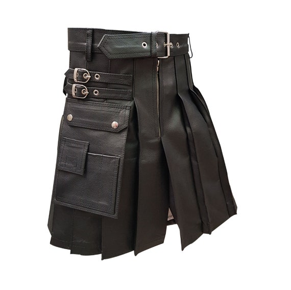 Men Black Leather Gladiator Pleated Utility Kilt FLAT FRONT TWIN CARGO POCKETS