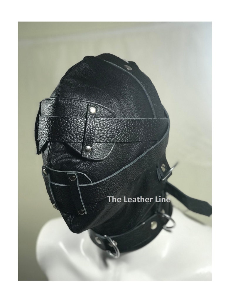 100% Genuine Black Cow Leather Bondage Hood Mask with Mouth Gag And Blindfold BDSM Fetish 