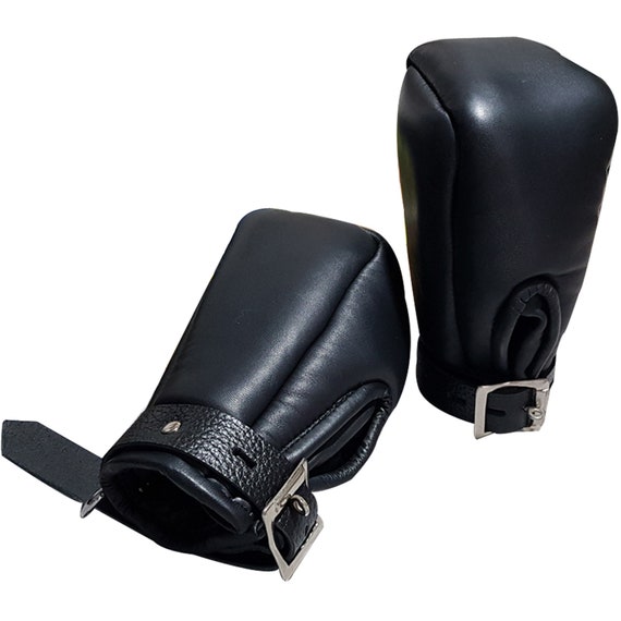 Bondage Fist Mitts Gloves Sheep Black Leather Padded Lined