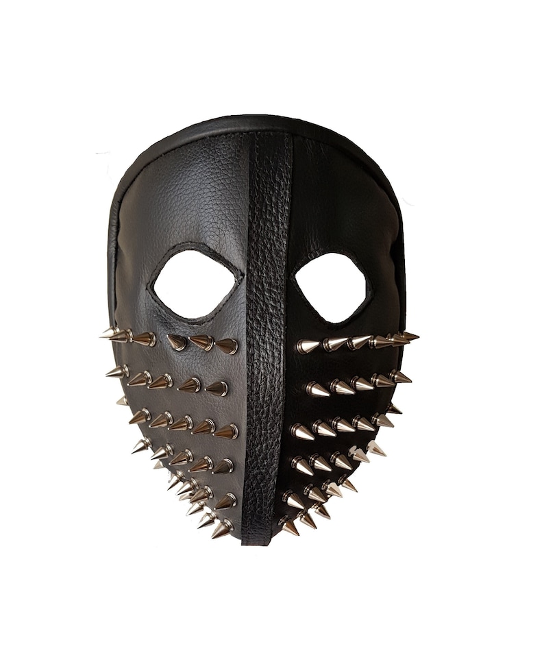 Men Punk Biker Genuine Leather Full face spike Mask Masquerade Black Cosplay 