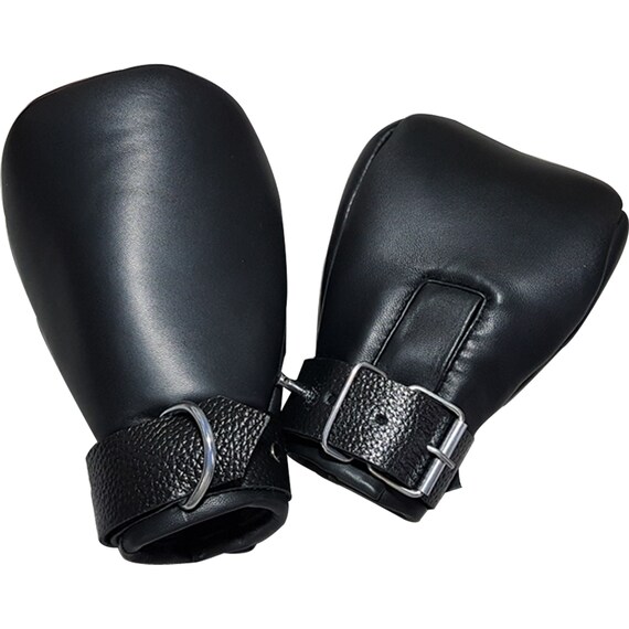 Bondage Fist Mitts Gloves Sheep Black Leather Padded Lined