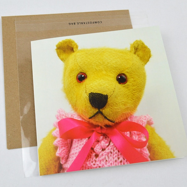 Teddy Bear Greetings Card with Kraft Envelope ~ Lovely Antique Teddy Bear with Pink Bow ~ Photographic Teddy Bear Card ~ Blank Inside