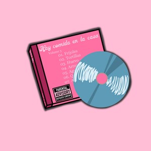 May include: A pink CD case and a blue CD are set against a pink background. The CD case reads "Hay comida en la casa Volume 3" and lists track titles in Spanish. A parental advisory warning is also visible.
