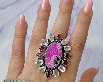 Cobalt Calcite, Pink Tourmaline and Rose Quartz Ring / 925 Sterling Silver / Cluster Ring / Gifts for her / Statement Ring CBC-FLR-1.