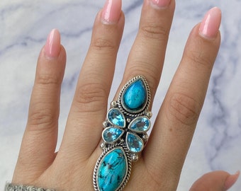 Azurit Malachit, Schweizer Blautopas Ring / 925 Sterling Silber / Cluster Ring / Boho Schmuck / Geburtsstein Schmuck / Statement Ring AZM-CLS-2.