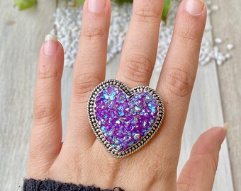 Druzy Ring/ Heart Ring/ Statement Ring/ Purple Titanium Druzy /Boho Jewelry /Handmade Sterling Silver Jewelry/Gifts for her