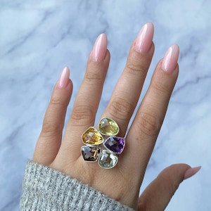 Multi Gemstone Adjustable Ring / Sterling Silver / Healing Gemstone / Gifts for her / Fancy Cut / Statement Multi Gemstone Adjustable Ring