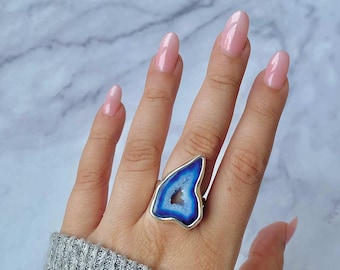 Blue Agate Adjustable Ring / 925 Sterling Silver / Healing Gemstone / Gifts for her / Fancy Rough / Blue Agate  Statement Ring / ABU-R-8.