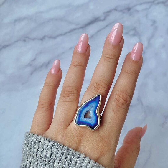 Anello Regolabile In Agata Blu - Anello Aperto Con Pietra Naturale Per Donna - Foto 8