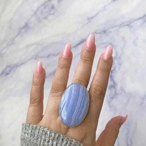 Blue Lace Agate Adjustable Ring / 925 Sterling Silver Ring / Healing Gemstone / Gifts for her / Oval Cab / Statement Blue Lace Agate Rings