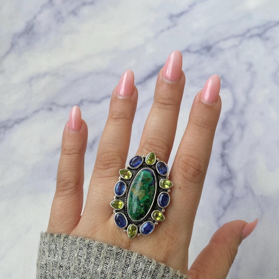 Azurite Malachite, Peridot, Kyanite Ring / 925 Sterling Silver / Cluster Ring / Boho Jewelry / Birthstone Jewelry/ Statement Ring AZM-FLR-3.