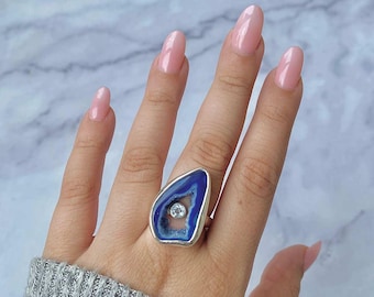 Blue Agate, Blue Topaz Adjustable Ring / 925 Sterling Silver / Healing Gemstone / Fancy Rough / Blue Agate  Statement Ring / ABU-R-13.