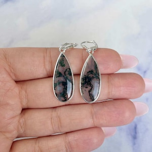 Moss Agate Earring / 925 Sterling Silver Earring / Healing Gemstone / Moss Agate Jewelry / Gifts for her / Pear Cab / Moss Agate Earrings