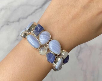 Blue Lace Agate Bracelet / Sterling Silver Bracelet / Healing Gemstone / Gifts for her / Fancy Rough / Statement Blue Lace Agate Bracelet
