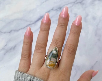 Ocean Jasper Adjustable Ring / 925 Sterling Silver Ring / Healing Gemstone / Gifts for her / Pear Cab / Statement Ocean Jasper Rings