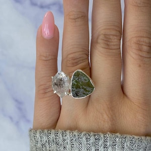 Moldavit, Herkimerdiamant Ring verstellbar / 925 Sterling Silber Ring / Heilstein / Geschenke für Sie / Moldavit Ringe
