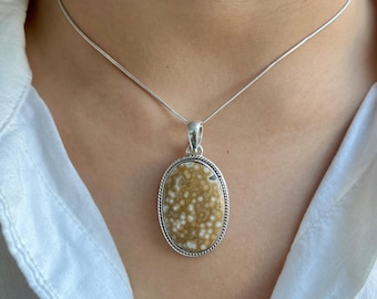 Collar con colgante de jaspe oceánico / Plata de ley 925 / Piedra preciosa curativa / Regalos para ella / Joyería de jaspe oceánico natural / Colgante llamativo