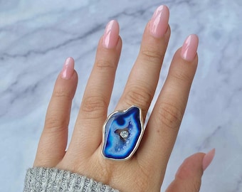 Blue Agate Adjustable Ring / 925 Sterling Silver / Healing Gemstone / Gifts for her / Fancy Rough / Blue Agate  Statement Ring / ABU-R-34.