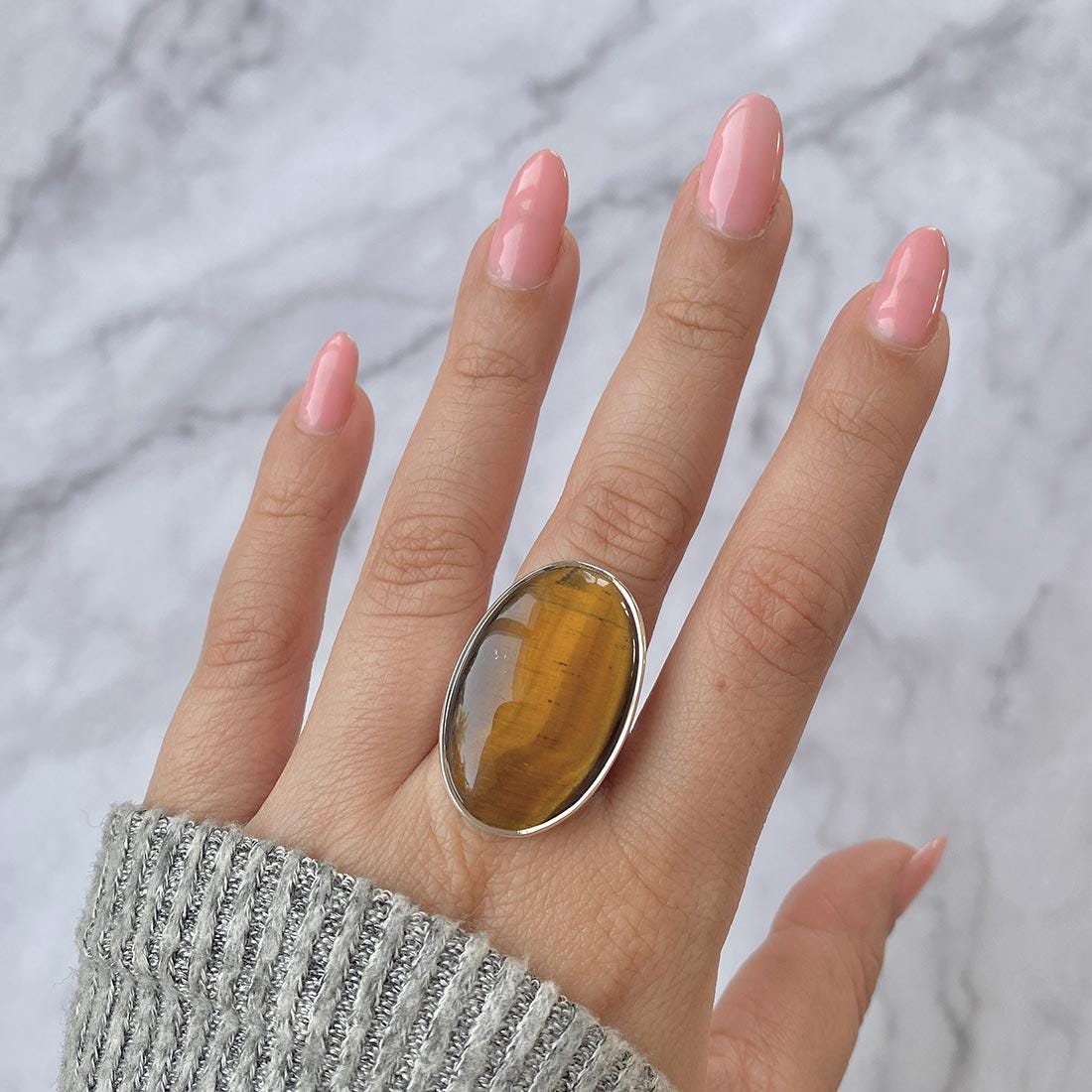 Anello In Occhio Di Tigre Naturale 5,05 Carati (6,00 Ratti), Taglio Ovale, Con Certificato, Placcato Argento, Astrologico