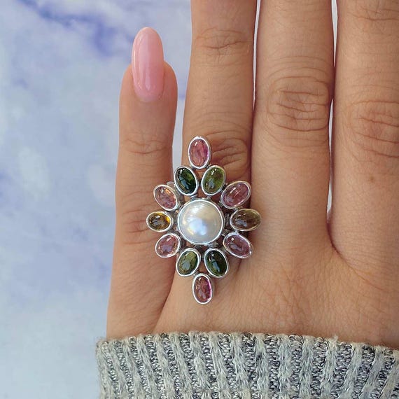 Anello Regolabile Donna Argento 925 Con Tormalina Nera E Fiore Intagliato – Gioiello Fatto A Mano