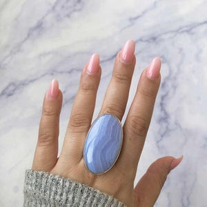Blue Lace Agate Adjustable Ring / 925 Sterling Silver Ring / Healing Gemstone / Gifts for her / Oval Cab / Statement Blue Lace Agate Rings