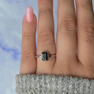 Black Tourmaline Ring / 925 Sterling Silver / Rhodium vermeil / Healing Gemstone / Gifts for her / Emerald Cut / Dainty Ring BLS-SR-2765.