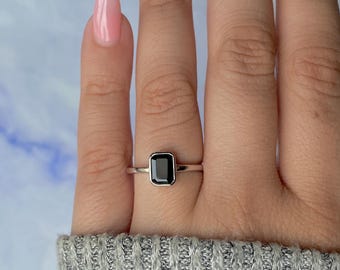 Black Tourmaline Ring / 925 Sterling Silver / Rhodium vermeil / Healing Gemstone / Gifts for her / Emerald Cut / Dainty Ring BLS-SR-2765.