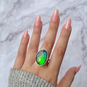 Ammolite Adjustable Ring / 925 Sterling Silver / Healing Gemstone / Ammolite Jewelry / Gifts for her / Oval Cab / Statement Ammolite Ring