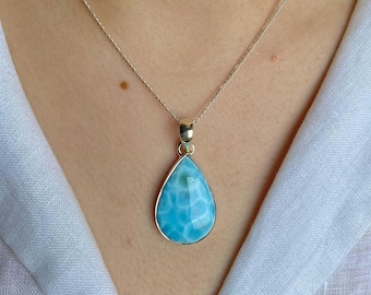 Larimar Pendant / Sterling Silver Pendant / Healing Gemstone / Gifts for her / Pear Cab / Larimar / Statement Larimar Pendant