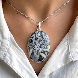 May include: Oval pendant necklace featuring a black and white stone with a unique pattern. The pendant is set in a silver-colored metal and hangs from a delicate chain. The necklace is displayed against a white shirt.