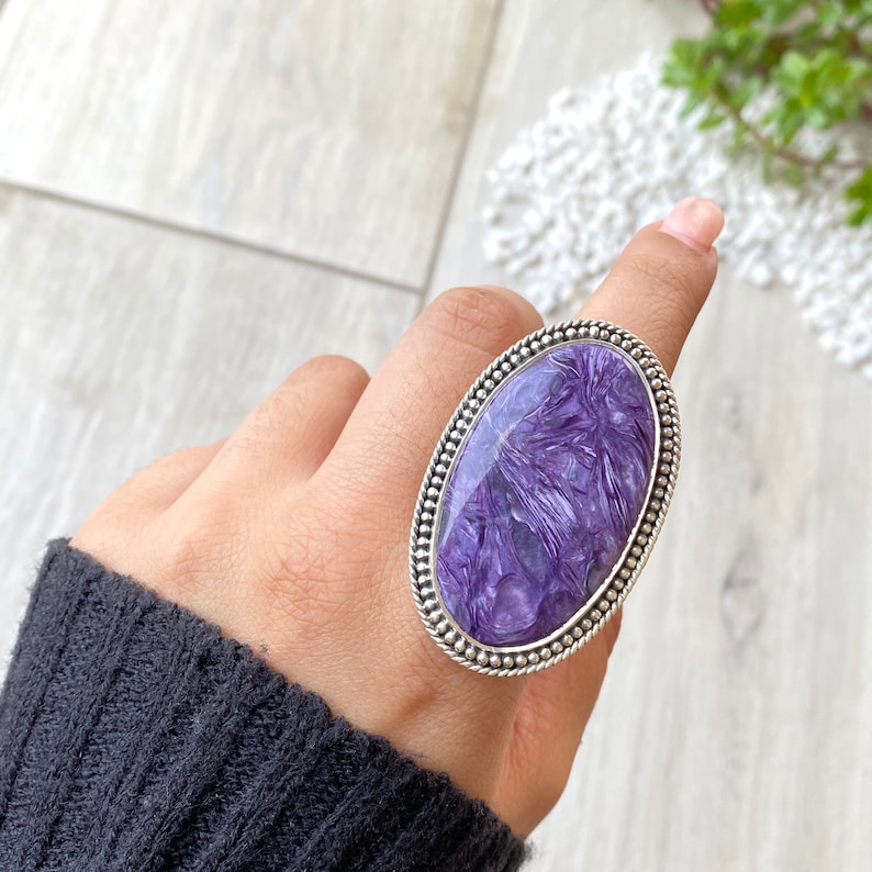 Charoite Ring Statement Jewelry Statement Ring 925 Sterling Silver Ring Gifts for her Birthstone Jewelry Boho Rings