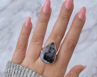 Anillo ajustable de ágata dendrítica / Plata de ley 925 / Piedra preciosa curativa / Regalos para ella / Joyería de ágata dendrítica natural / Anillo llamativo