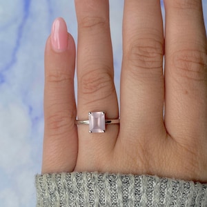 Rose Quartz Ring / 925 Sterling Silver Ring / Rhodium vermeil / Gifts for her / Emerald Cut / Rose Quartz Jewelry / Dainty Ring RSQ-SR-247.