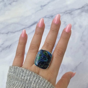 Azurite Malachite Adjustable Ring / Sterling Silver Ring / Healing Gemstone / Gifts for her / Octagon Cab / Statement Azurite Malachite Ring