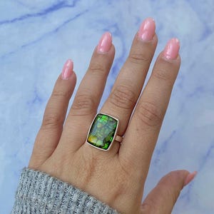 Ammolite Adjustable Ring / 925 Sterling Silver Ring / Healing Gemstone / Gifts for her / Octagon Cab / Ammolite / Statement Ammolite Rings
